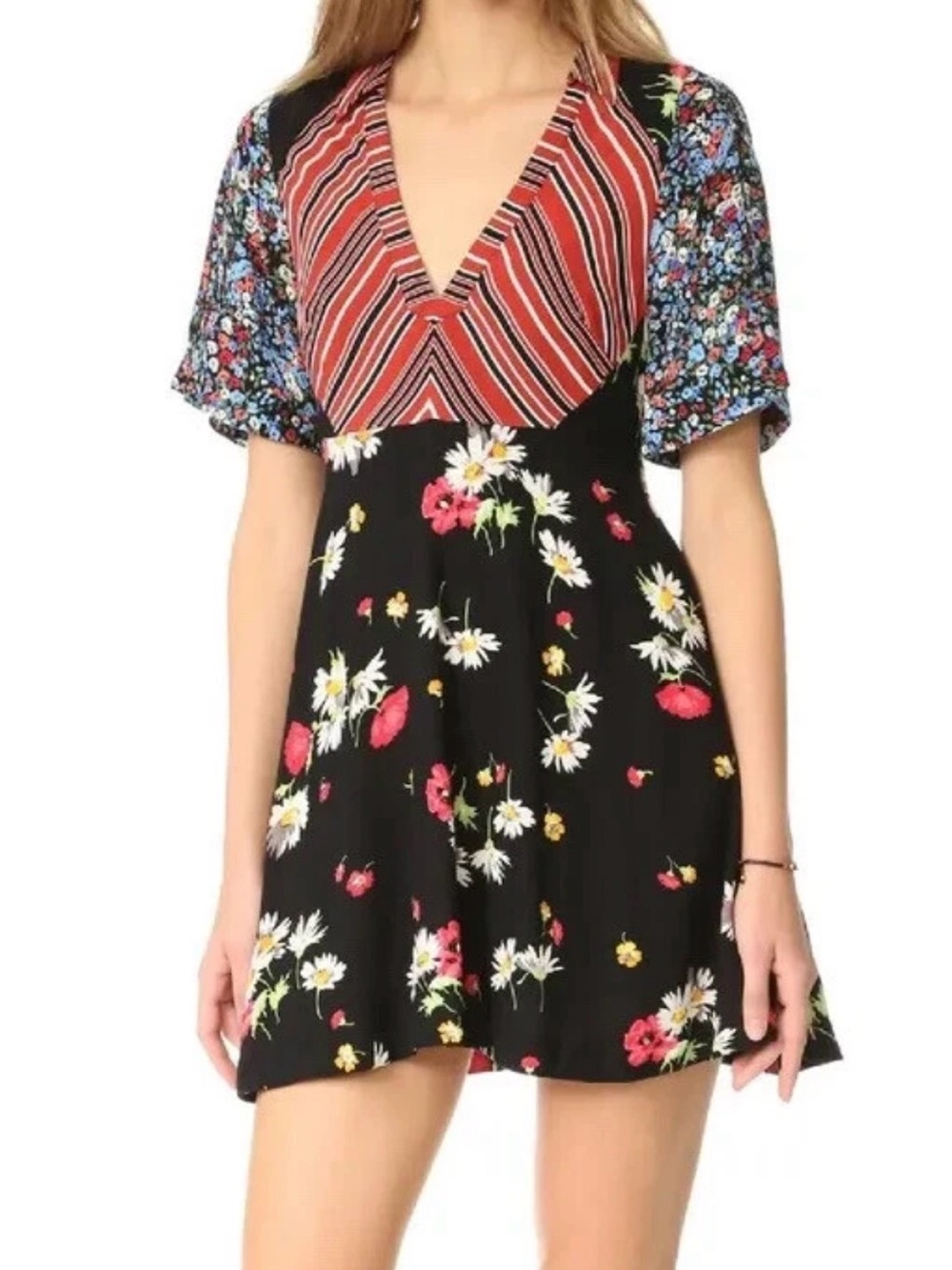 NWT Free People Mix It Up Black Combo Stripe Floral Medium Mini Dress Size 4